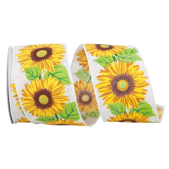 Reliant 2.5&#x22; Linen Wired Sunflowers In Line Ribbon